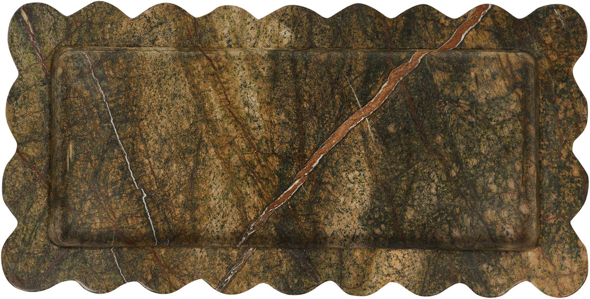 Marble tray with scalloped edge, deep green marble with thin reddish veining.