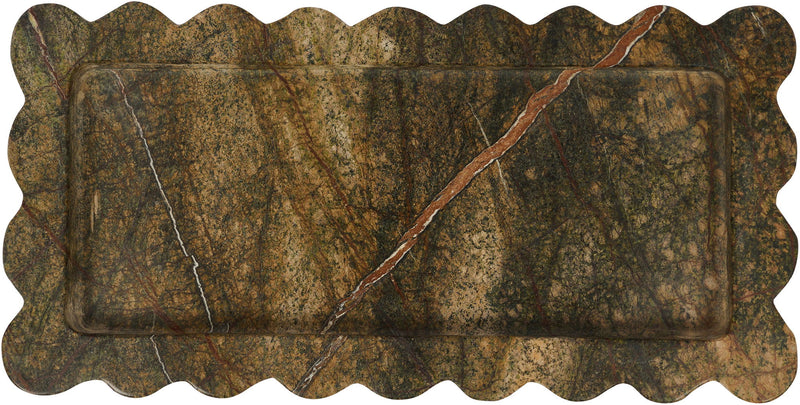 Marble tray with scalloped edge, deep green marble with thin reddish veining.