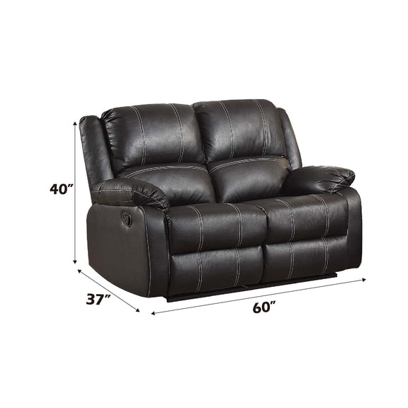 Black reclining loveseat chair with padded arms, tufted back, and recline lever
