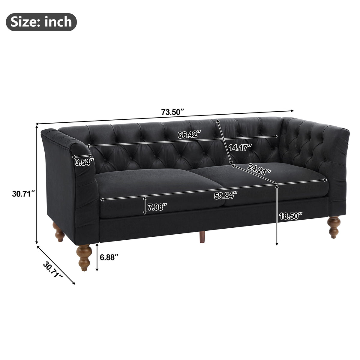 Tufted Chesterfield sofa with flared arms, dark legs, buttoned back and seat cushions