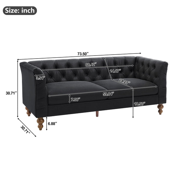 Tufted Chesterfield sofa with flared arms, dark legs, buttoned back and seat cushions
