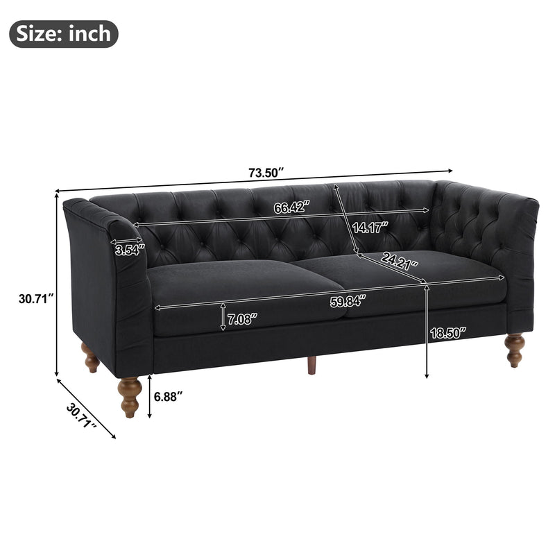 Tufted Chesterfield sofa with flared arms, dark legs, buttoned back and seat cushions