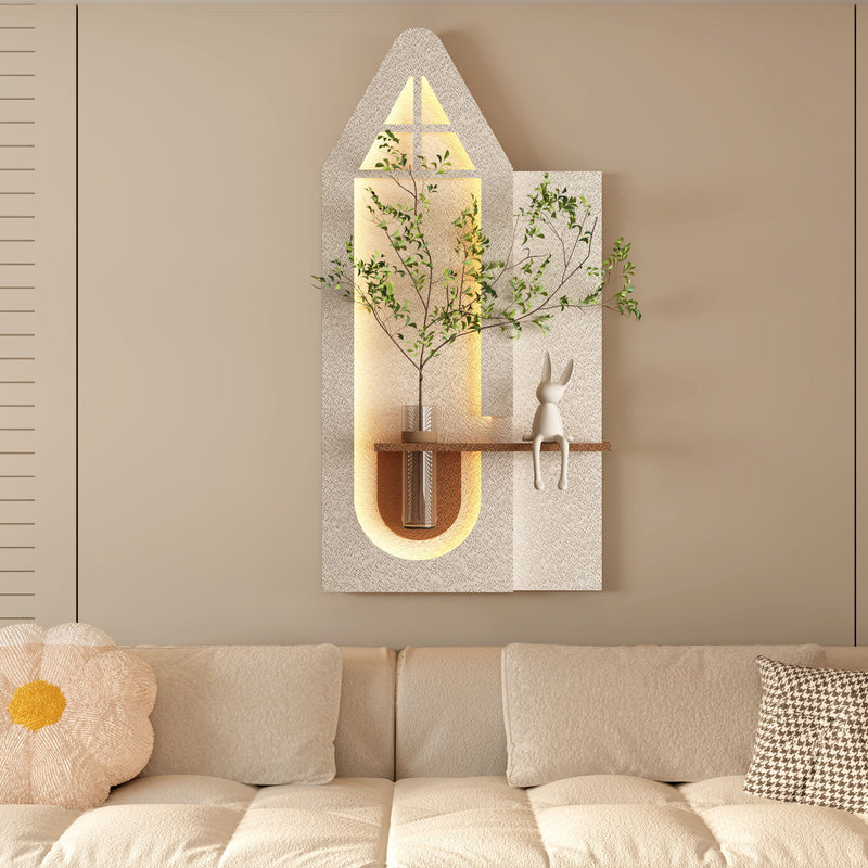 Adjustable 3 Color LED Sandstone Wall Decor With Simulated Plants, Glass Vase & Rabbit Statue - Light Coffee