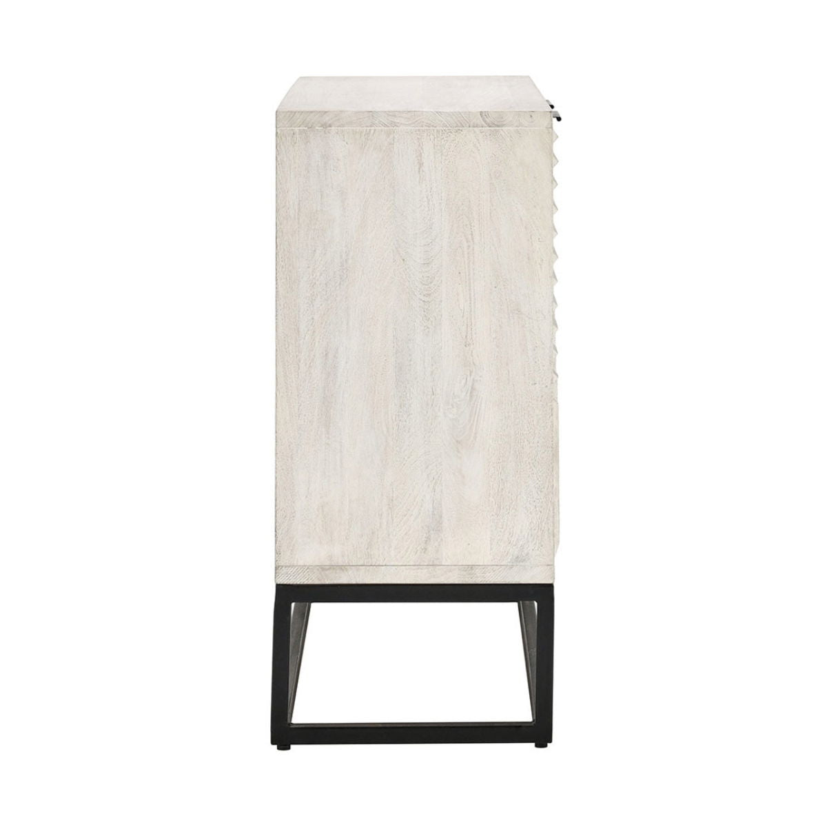 White wash sideboard cabinet with paneled front and black metal base frame