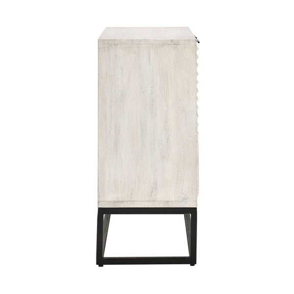 White wash sideboard cabinet with paneled front and black metal base frame