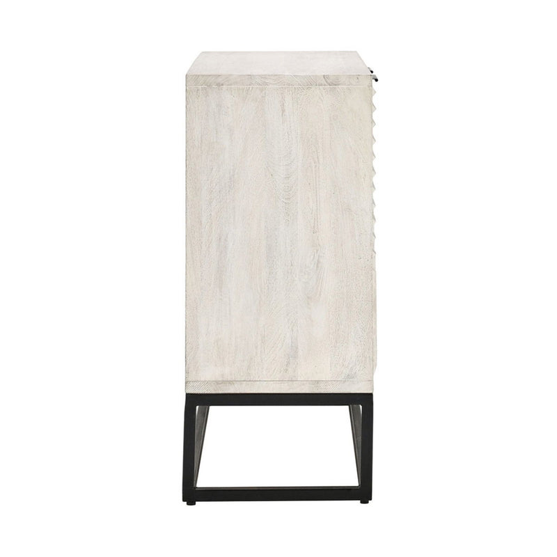 White wash sideboard cabinet with paneled front and black metal base frame