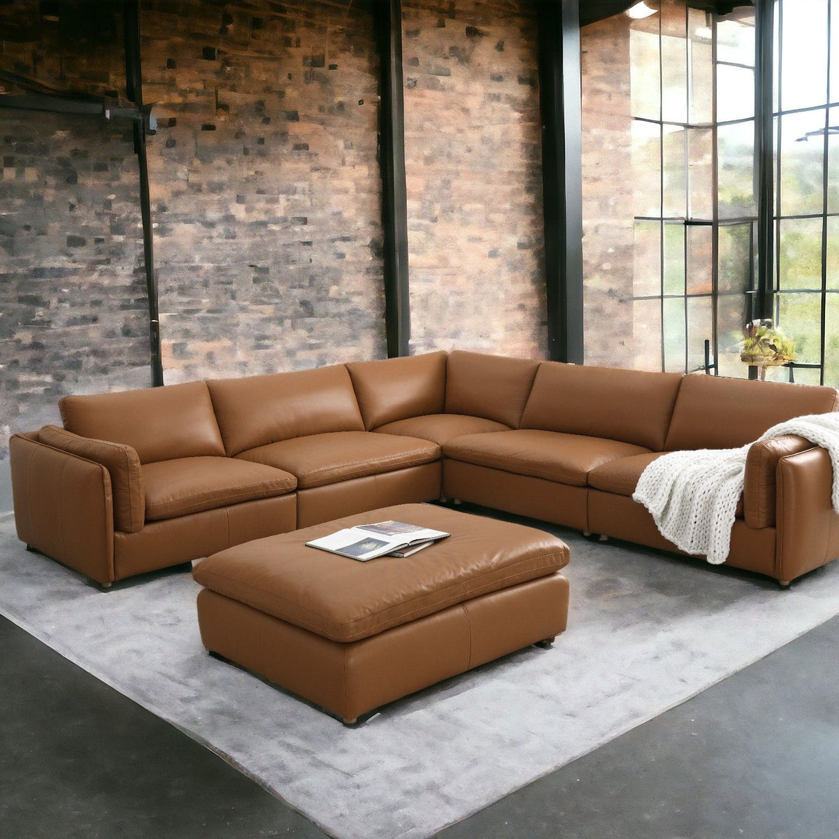 Brighton - Top Grain Leather 6 Pieces Modular Sectional With 1 Ottoman - Brown
