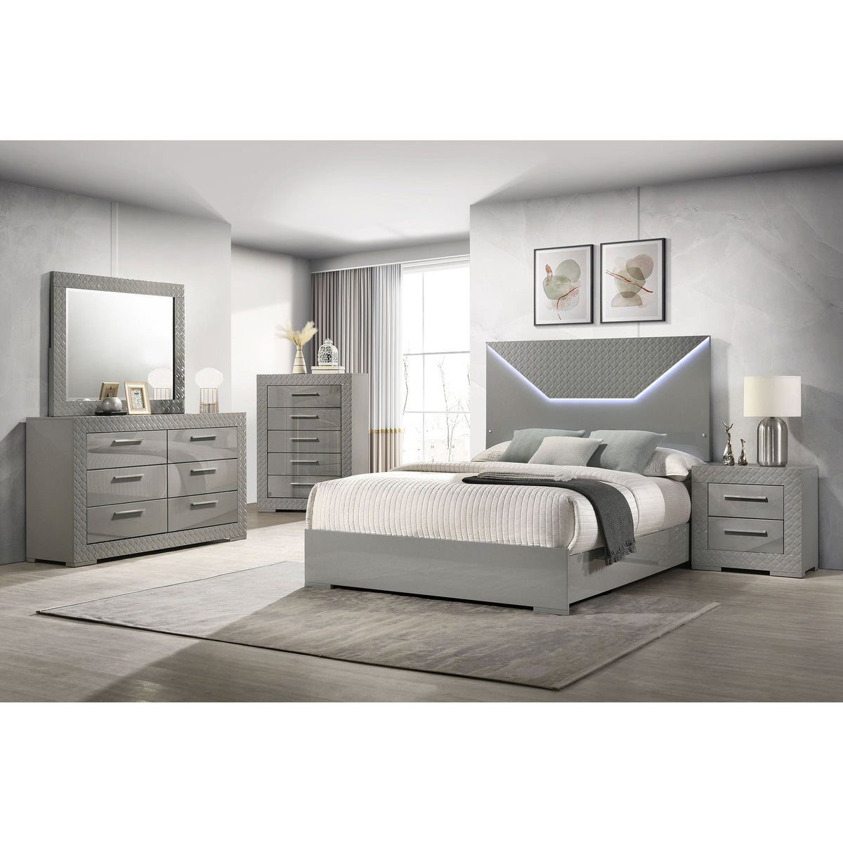 Dark gray bedroom set with LED headboard, bed, dresser, mirror, and nightstands