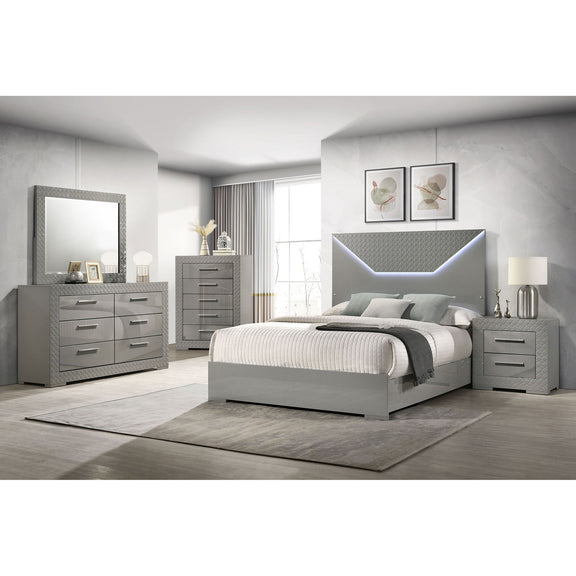 Dark gray bedroom set with LED headboard, bed, dresser, mirror, and nightstands