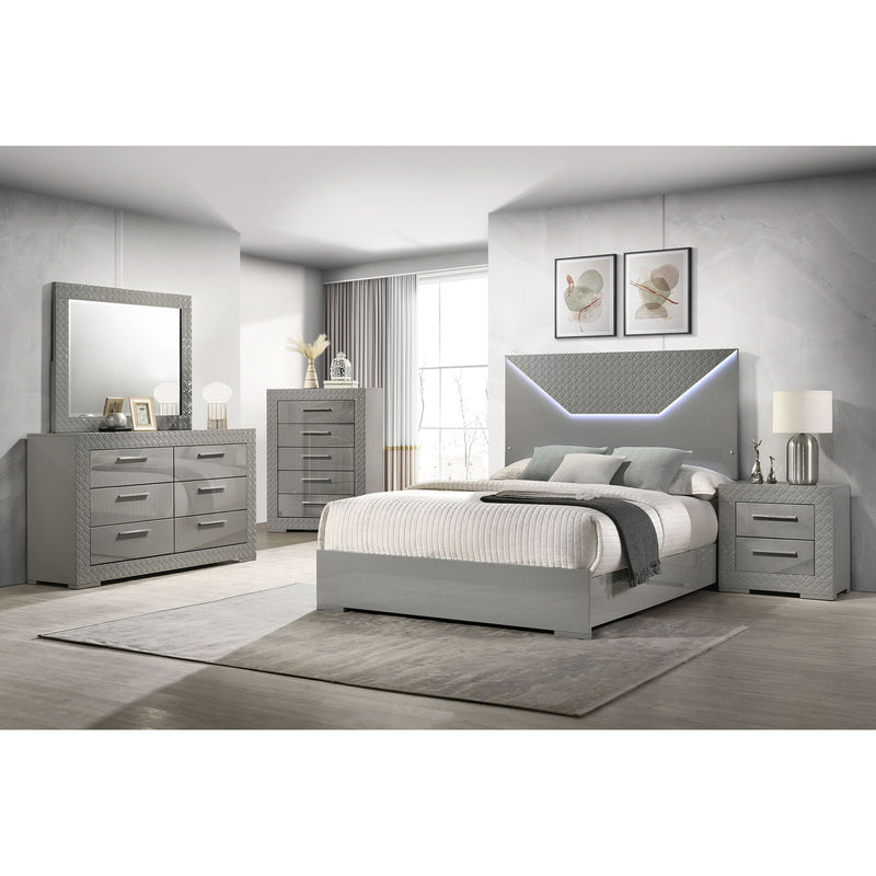 Dark gray bedroom set with LED headboard, bed, dresser, mirror, and nightstands