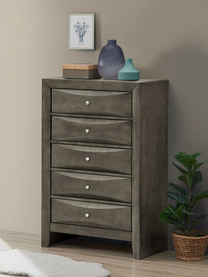 Dark gray chest with five drawers and round metal knobs