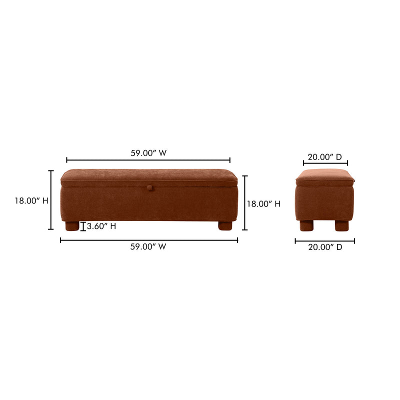 Deep orange storage bench with side and front dimensions