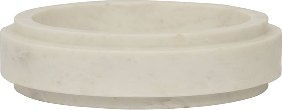 White marble bowl with rounded rim and smooth, shallow interior basin.