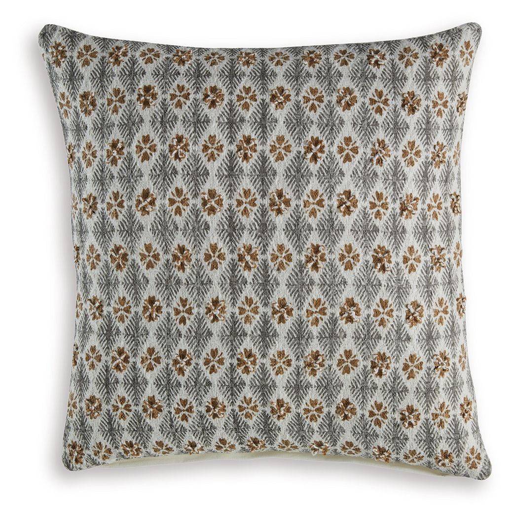 Dainwick decorative throw pillow, gray with brown and white floral pattern, square front