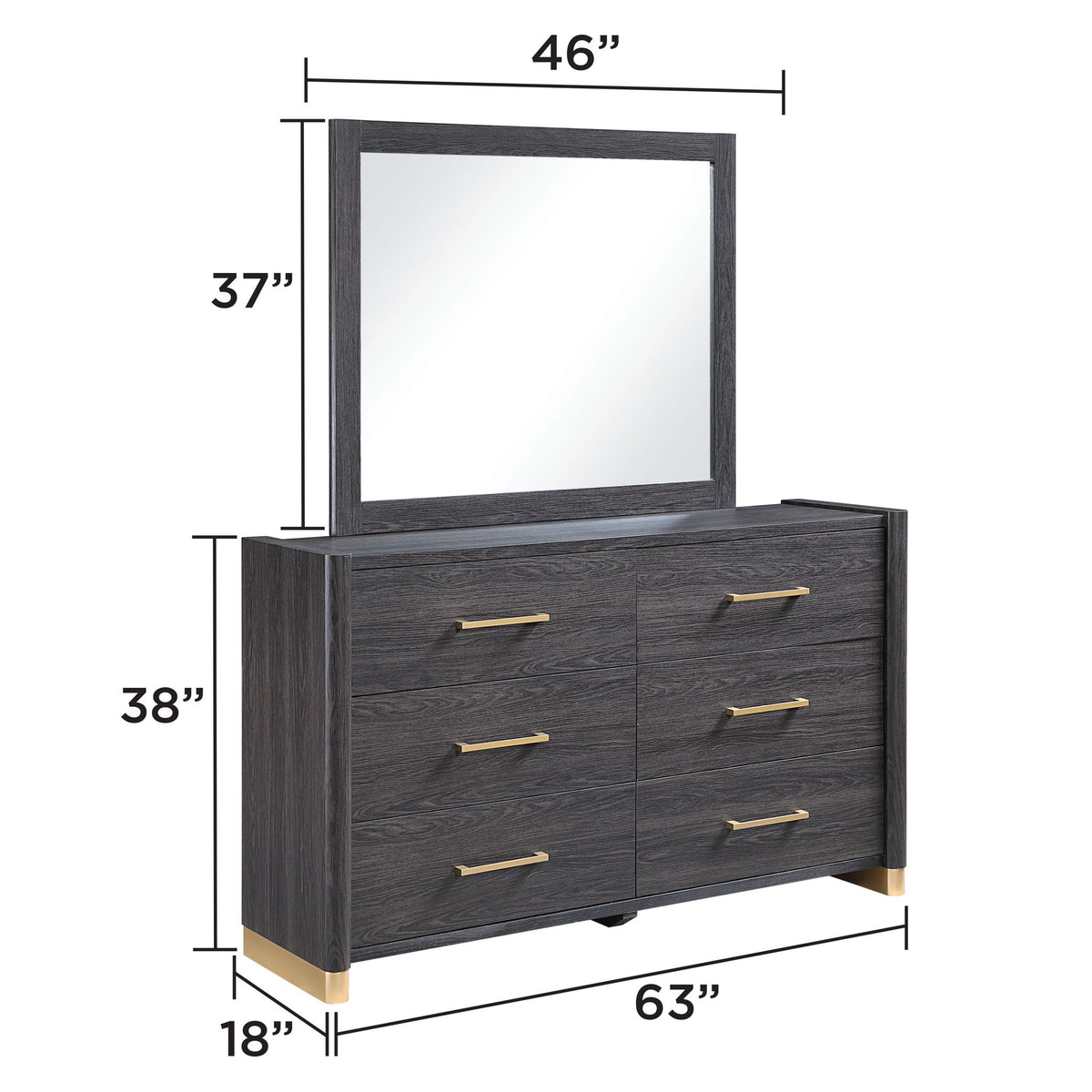 Dark brown dresser with attached mirror and gold-tone drawer pulls