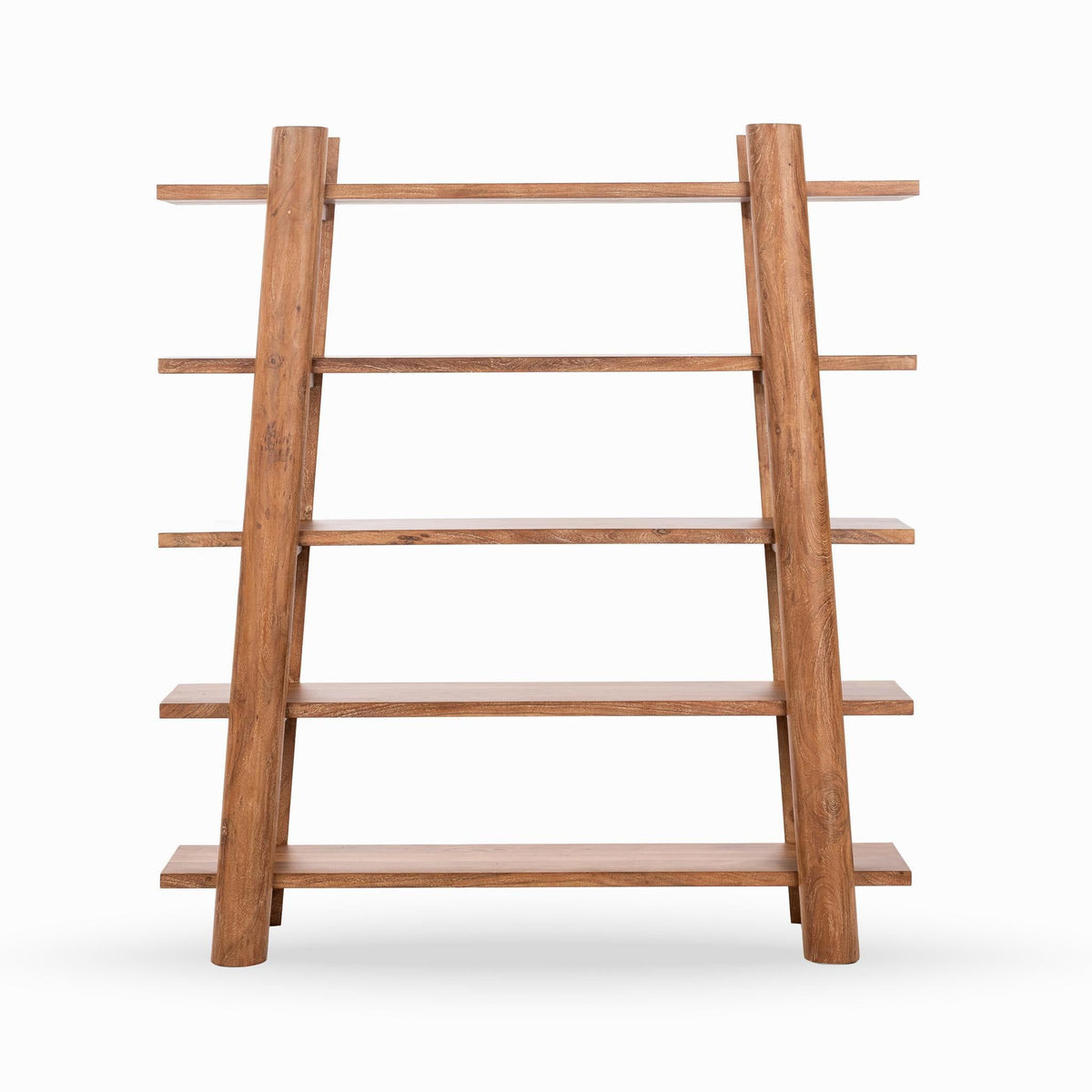 Golden wheat wood bookshelf with open back and four tiered shelves, front view