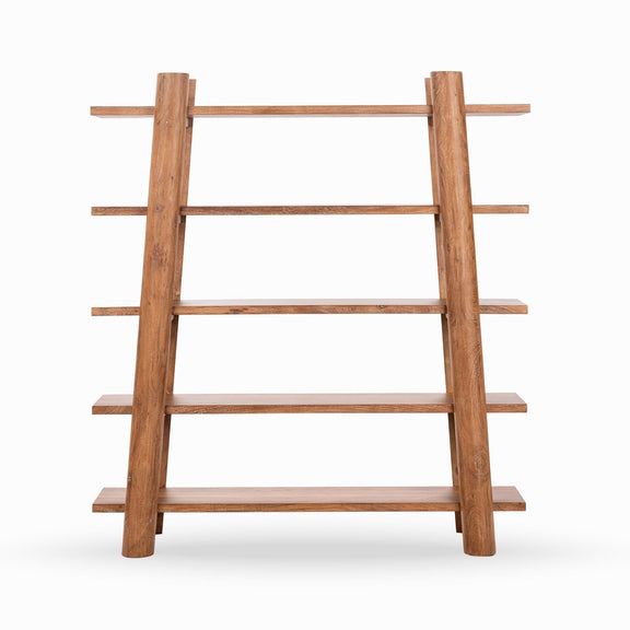 Golden wheat wood bookshelf with open back and four tiered shelves, front view