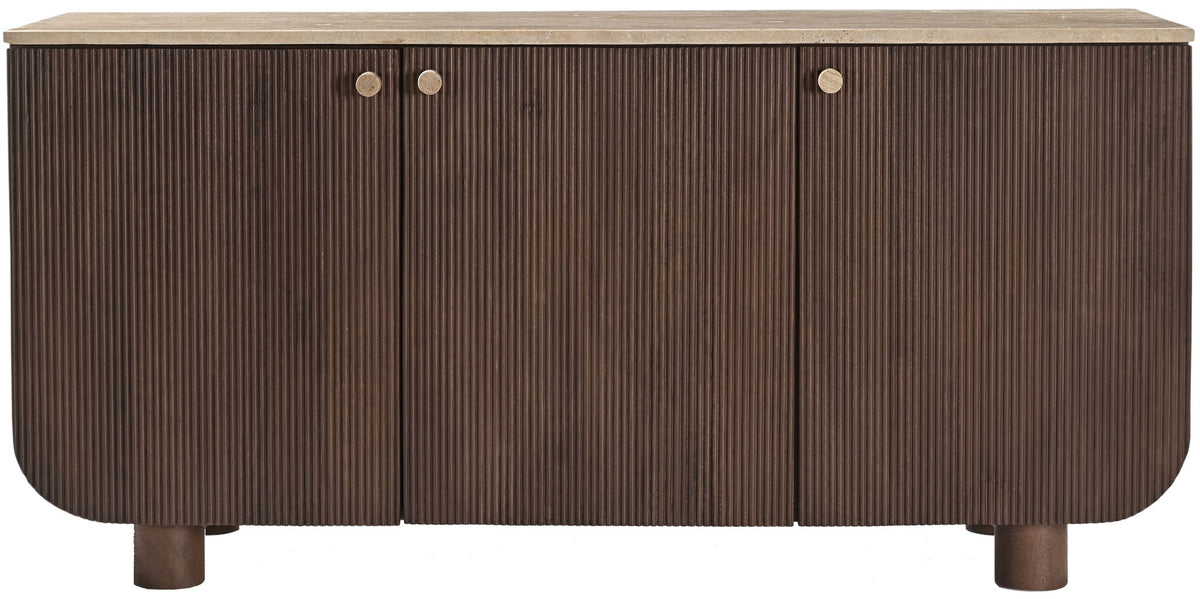 Dark brown mango wood sideboard with 3 doors, vertical ribbed panels, and round knobs