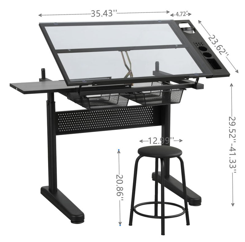 Hand Crank Adjustable Drafting Table Drawing Desk With 2 Metal Drawers With Stool