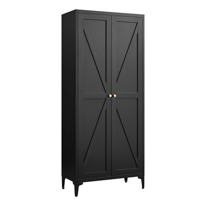 Black two-door kitchen pantry cabinet with striped panel doors and gold knobs
