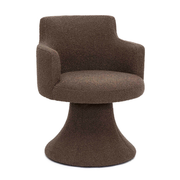 Dark brown boucle swivel dining chair with rounded seat and pedestal base