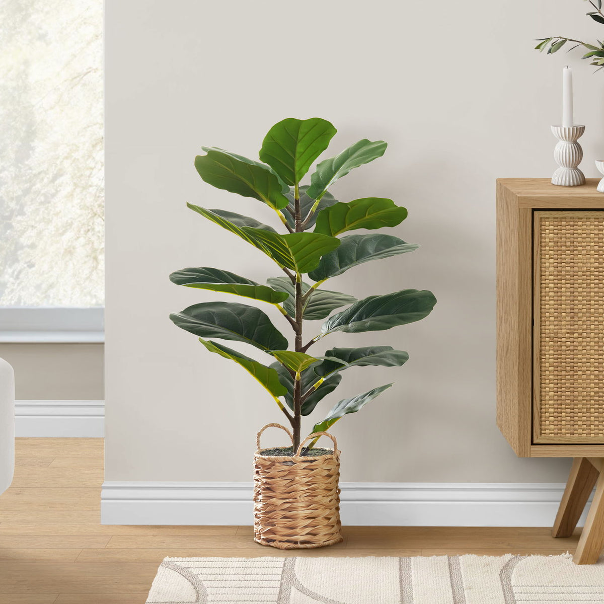 28" Tall, Artificial Plant, Fiddle Tree, Indoor, Faux, Fake, Floor, Greenery, Potted, Real Touch, Decorative - Green / Beige