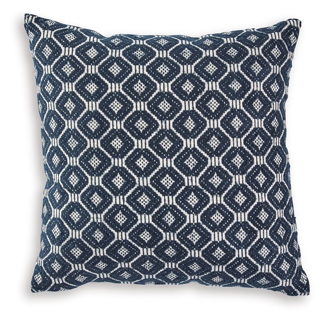 Geometric pattern throw pillow, navy with white diamond motifs and stitched edges