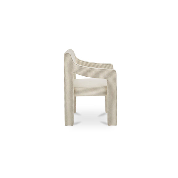 Beige striped dining chair shown from the side, with curved armrests and an open back.