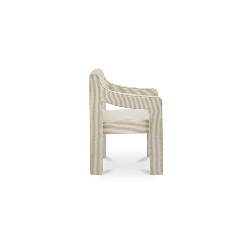Beige striped dining chair shown from the side, with curved armrests and an open back.