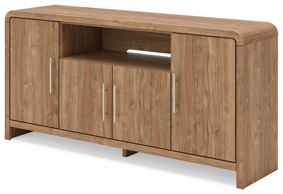 Brown wooden TV stand with open center shelf and three cabinet doors