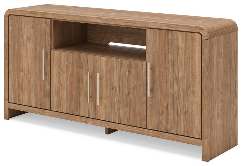 Brown wooden TV stand with open center shelf and three cabinet doors