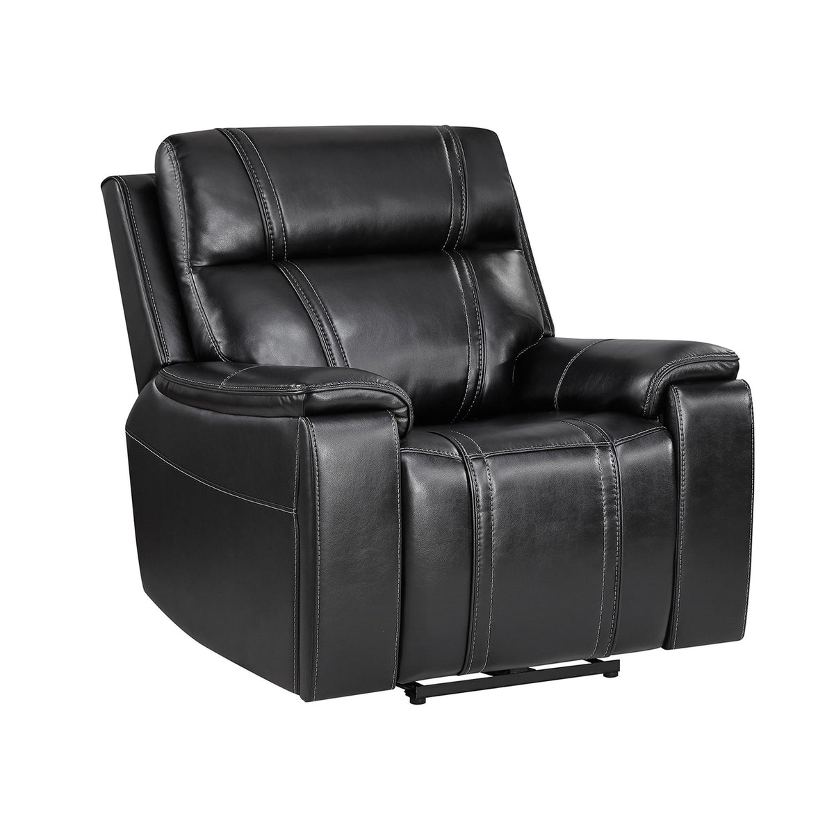 Black leather-look power recliner with cushioned arms, headrest, and extended footrest
