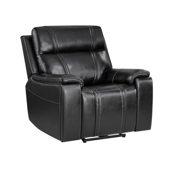 Black leather-look power recliner with cushioned arms, headrest, and extended footrest