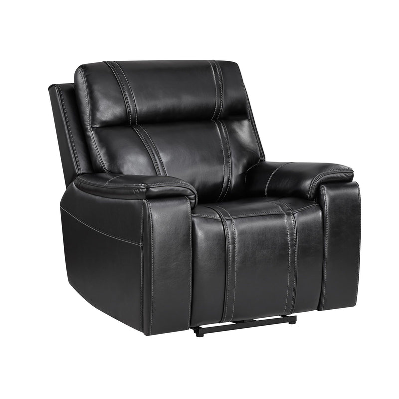 Black leather-look power recliner with cushioned arms, headrest, and extended footrest