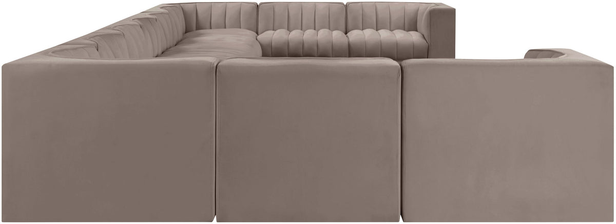 Velvet modular sectional sofa with tufted seat cushions, gray upholstery, corner arm sections