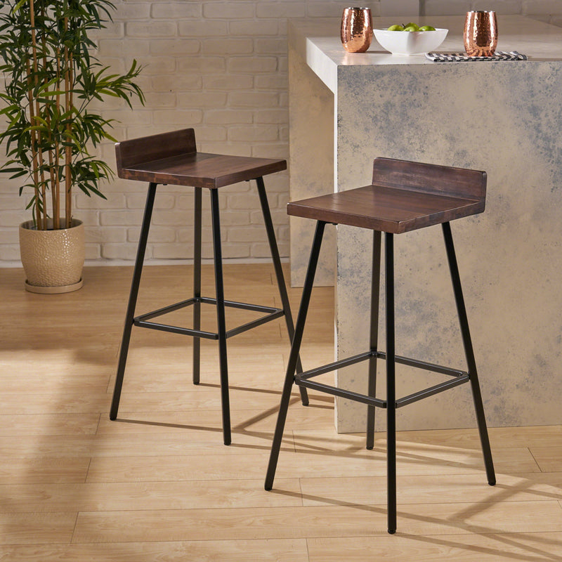 Outdoor Bar Stool With Low Backrests And Wood Seats (Set of 2) - Dark Brown / Black