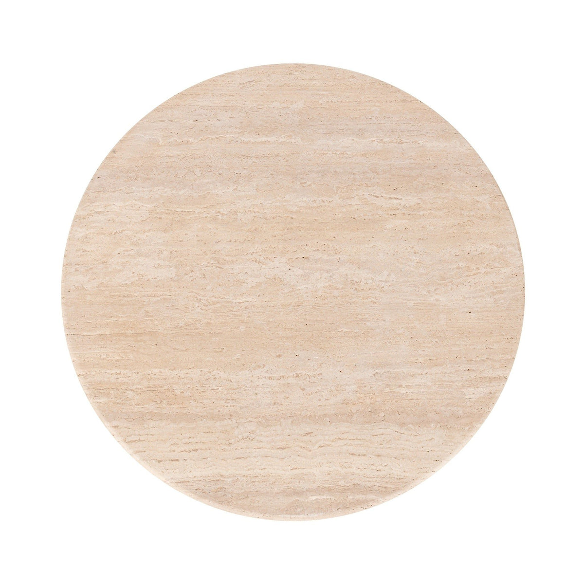 Beige travertine round tabletop with natural speckled texture.