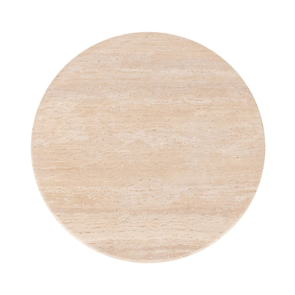Beige travertine round tabletop with natural speckled texture.