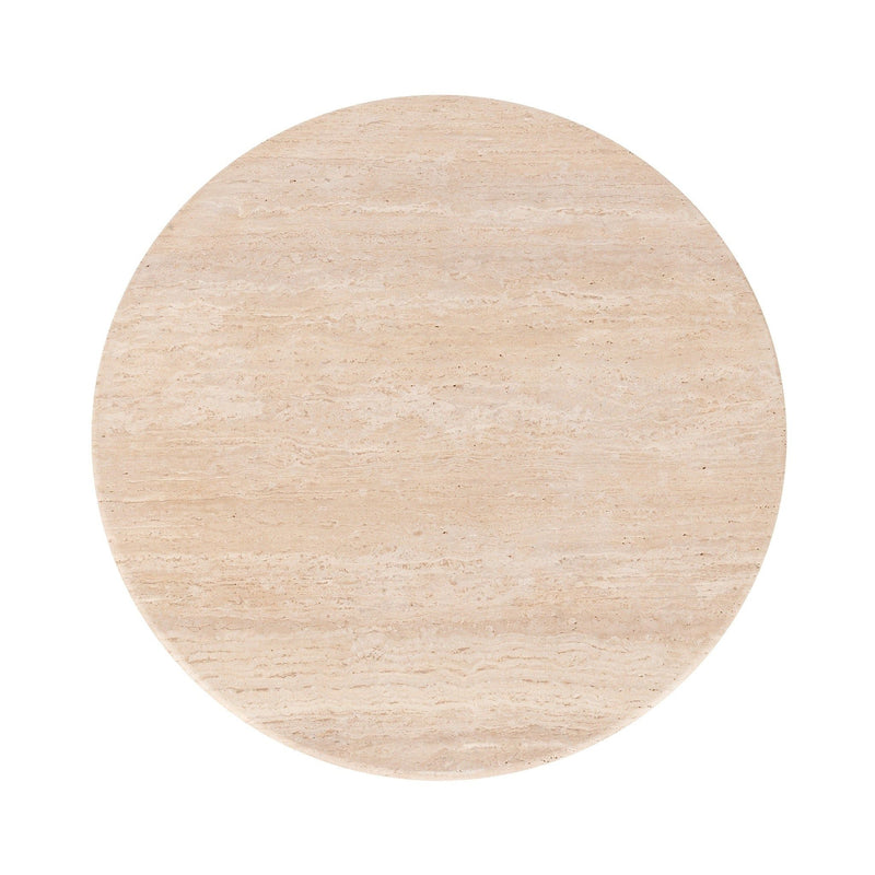 Beige travertine round tabletop with natural speckled texture.