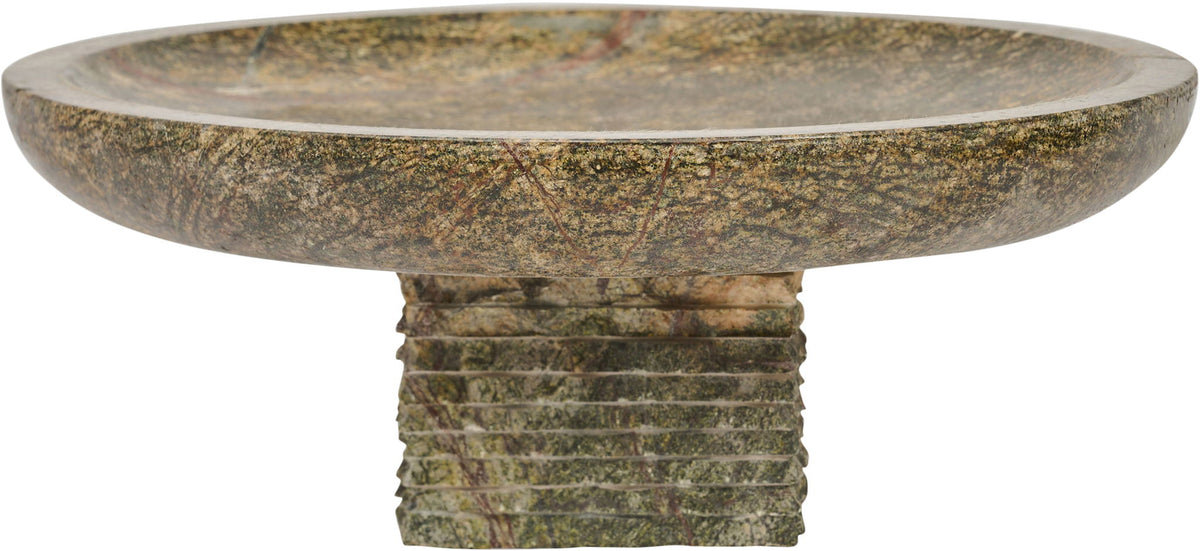 Genuine marble bowl with round shallow basin and stacked pedestal base, mottled beige and green.
