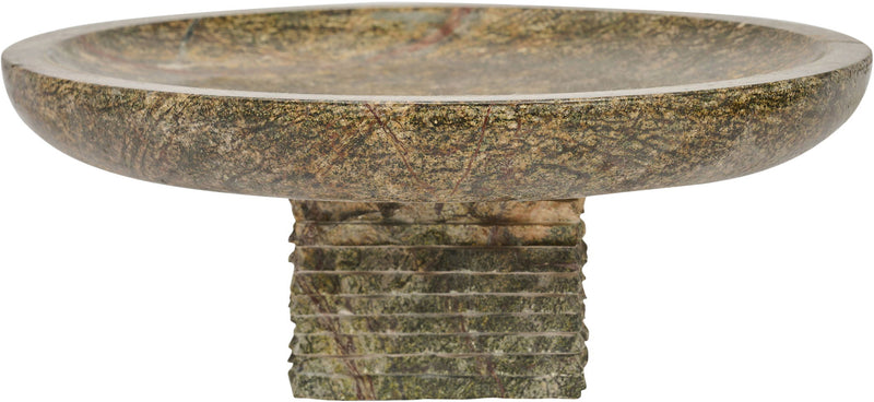 Genuine marble bowl with round shallow basin and stacked pedestal base, mottled beige and green.