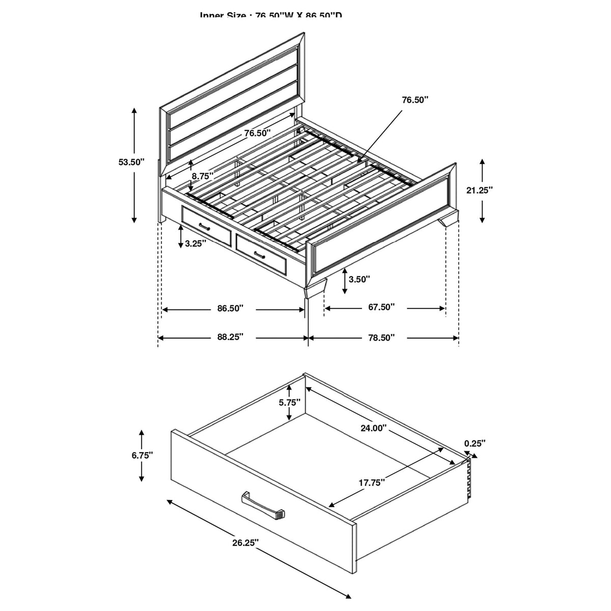 Dark brown panel bed frame with side drawers and slat grid, with measurements