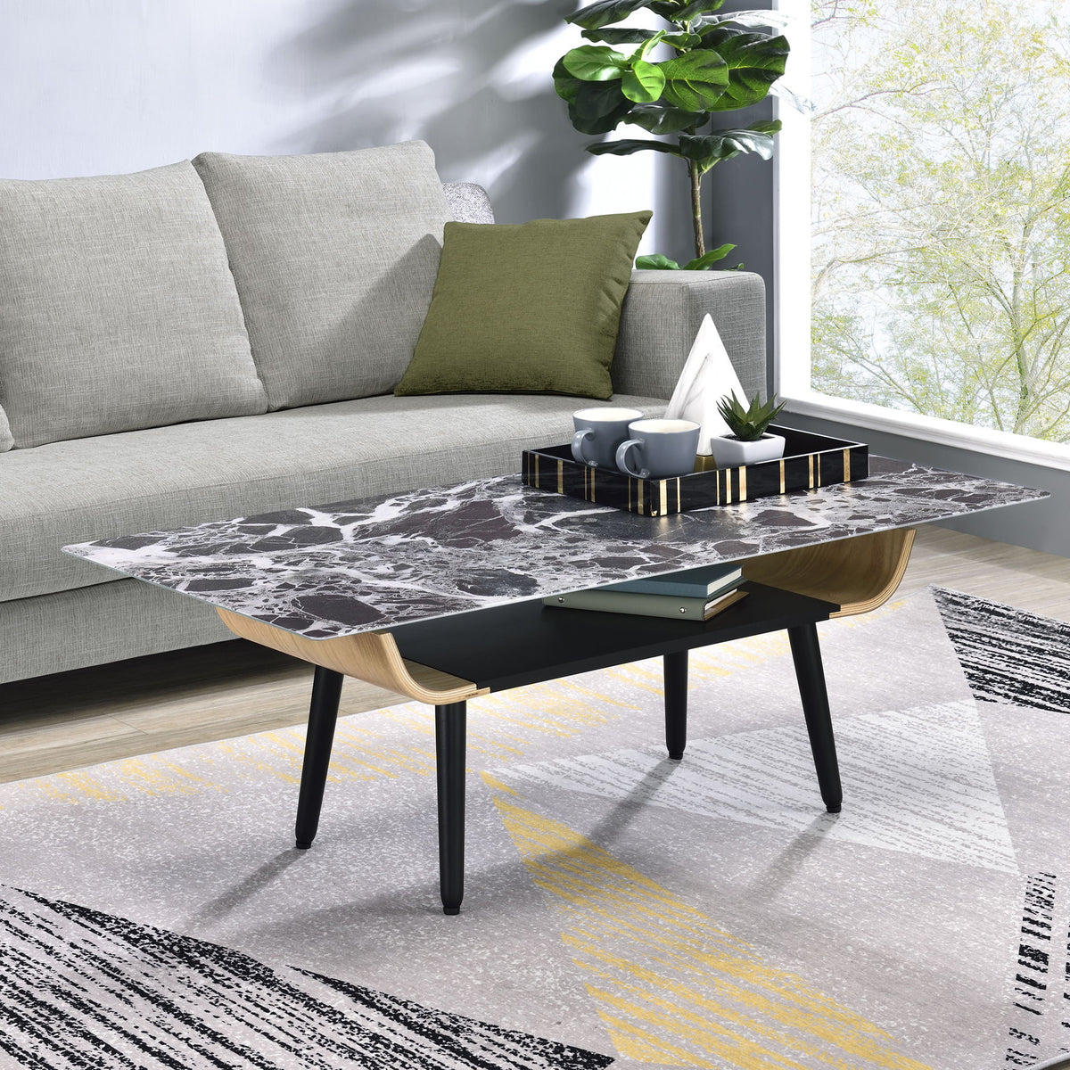 Landon - Coffee Table With Glass Marble Texture Top And Bent Wood Design