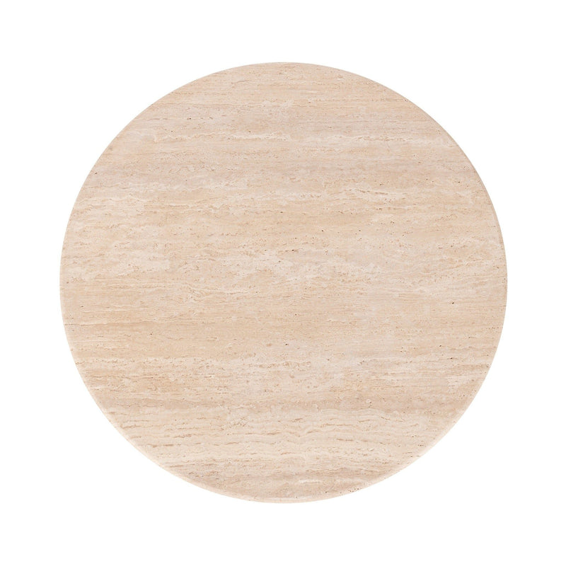 Round travertine tabletop in light beige with subtle mottled pattern.