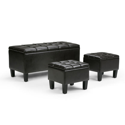 3-piece storage ottoman set in dark faux leather with tufted top and hinged lids