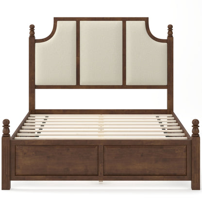 Dark brown platform bed frame with tall upholstered headboard and beige paneling, two drawers