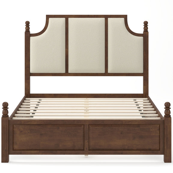 Dark brown platform bed frame with tall upholstered headboard and beige paneling, two drawers