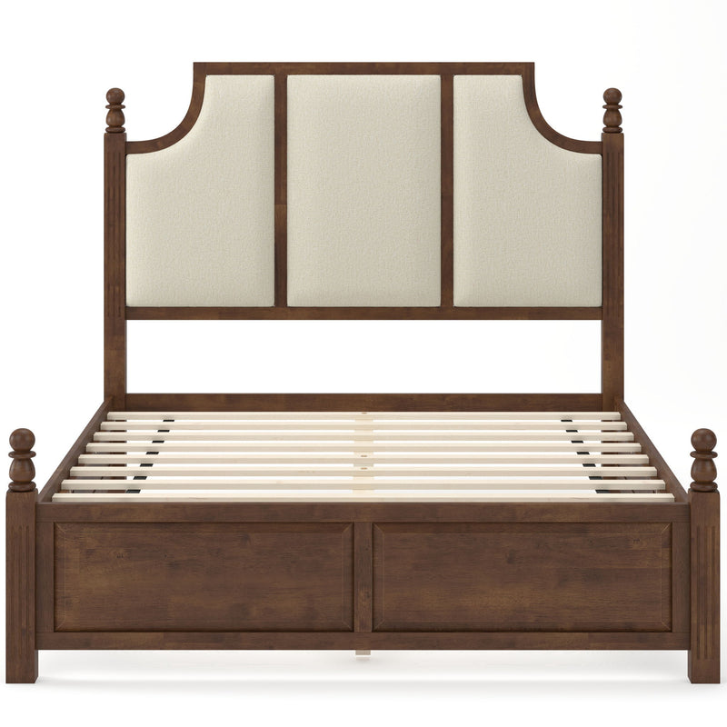 Dark brown platform bed frame with tall upholstered headboard and beige paneling, two drawers