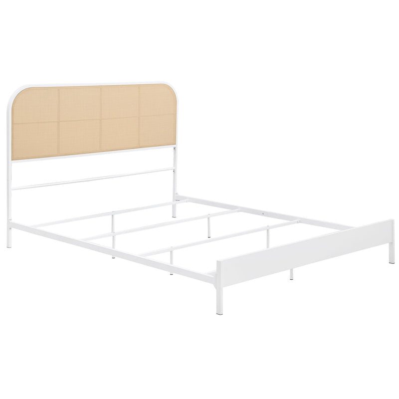 White metal bed frame with tan woven headboard, arched top and slat support.