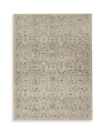 Beige rectangular rug with repeating ornamental medallion pattern